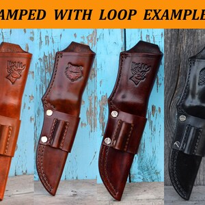 May include: Leather knife sheaths in various shades of brown and black, each featuring a stamped animal design: a moose, a wolf, and an eagle. The text "STAMPED WITH LOOP EXAMPLES" is at the top. The sheaths have belt loops and are displayed against a blue and wood background.