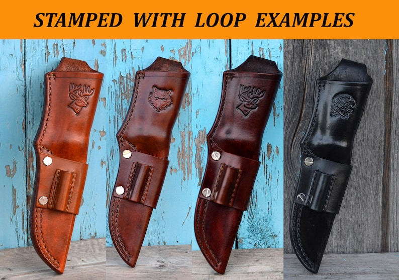 May include: Leather knife sheaths in various shades of brown and black, each featuring a stamped animal design: a moose, a wolf, and an eagle. The text "STAMPED WITH LOOP EXAMPLES" is at the top. The sheaths have belt loops and are displayed against a blue and wood background.