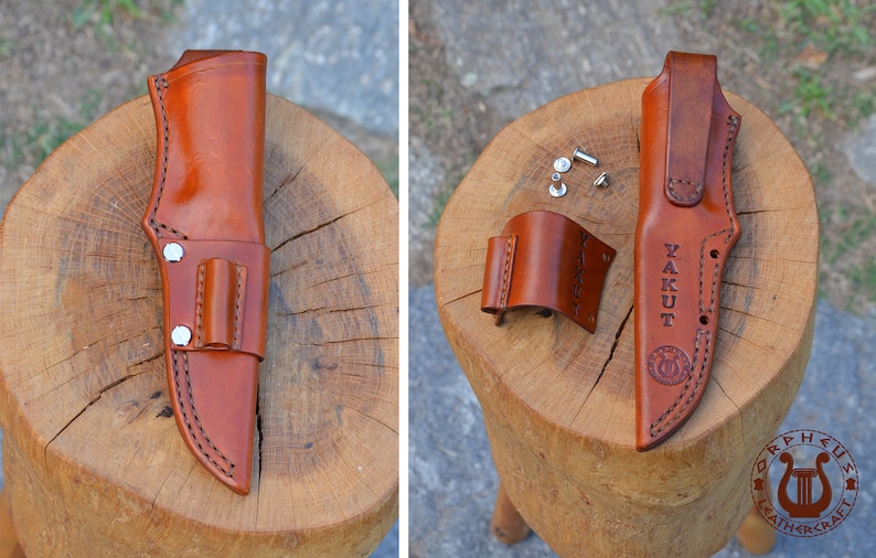 May include: A brown leather knife sheath with a belt loop and a small pouch. The sheath is stitched with black thread and has the word "YAKUT" stamped on it. The sheath is shown with its components.