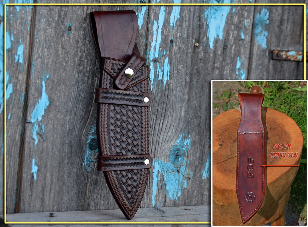 CUSTOM Handmade Leather Stamped & Plain Knife Sheaths. Handstitch