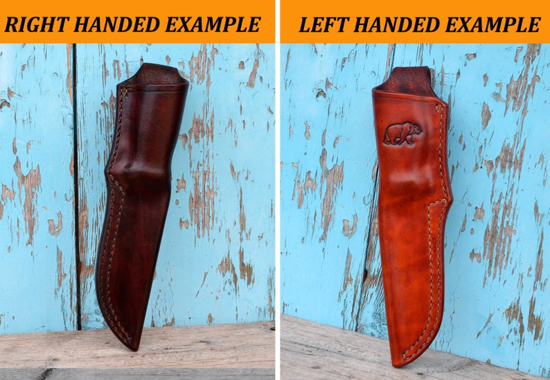 May include: Two leather knife sheaths. The sheath on the left is dark brown, and the one on the right is reddish-brown with a bear embossed on the front. Both sheaths have stitched edges and are designed to hold a knife.