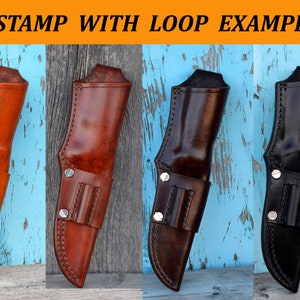 May include: Four leather knife sheaths in varying shades of brown and black. Each sheath features a belt loop, secured with silver rivets, and is designed to hold a knife. The text "NO STAMP WITH LOOP EXAMPLES" is at the top.