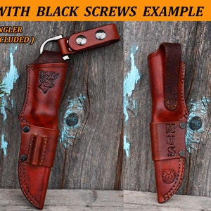 May include: Two brown leather knife sheaths. One sheath features a deer head design, the other has the letters "MUS" embossed. Both sheaths have a belt loop and are secured with black screws. The text "WITH BLACK SCREWS EXAMPLE" is at the top.