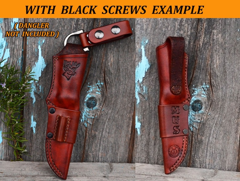 May include: Two brown leather knife sheaths. One sheath features a deer head design, the other has the letters "MUS" embossed. Both sheaths have a belt loop and are secured with black screws. The text "WITH BLACK SCREWS EXAMPLE" is at the top.