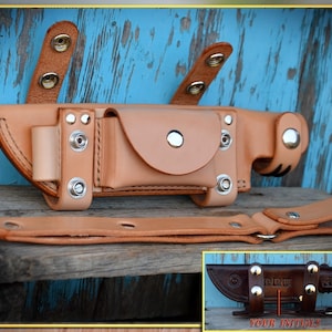 CUSTOM Leather Knife Sheath. Scout Carry & Vertical Carry. Handmade and Personalised. Left Or Right Handed. With Your Initials to the back !