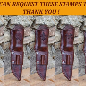 May include: A collection of handcrafted leather knife sheaths in various shades of brown. Each sheath features a different embossed design, including a horse, bear, skull and crossbones, and fleur-de-lis. The text at the top says, "YOU CAN REQUEST THESE STAMPS TOO. THANK YOU!"