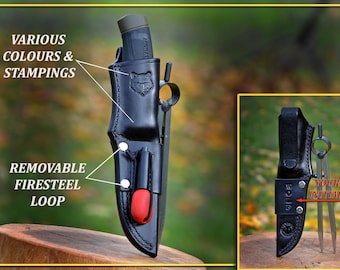 PERSONALISED Handmade Leather Mora COMPANION Or HEAVYDUTY Sheath. With Firesteel Loop. Left Or Right Handed.& Initials To The Back