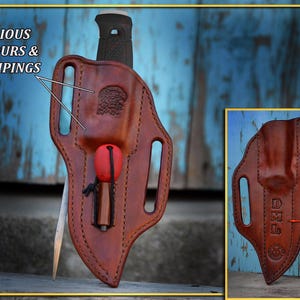 CROSS DRAW カスタムレザー MORA シース。ファイヤースチールループ付きまたはなし。左利きまたは右利き用。ハンドメイド。(裏側にイニシャルが入ります)
