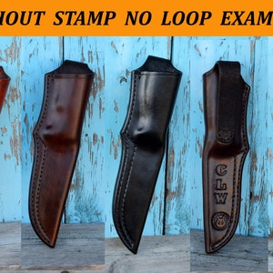 May include: Leather knife sheaths in various shades of brown and black are displayed against a blue wooden background. The sheaths have stitched edges and some feature stamped initials or names. The text "WITHOUT STAMP NO LOOP EXAMPLES" is at the top.