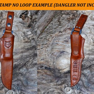May include: Two brown leather knife sheaths. One sheath features a wolf head stamp, the other has the letters "OHH" stamped on it. The sheaths have a belt loop and are displayed against a wood grain background.