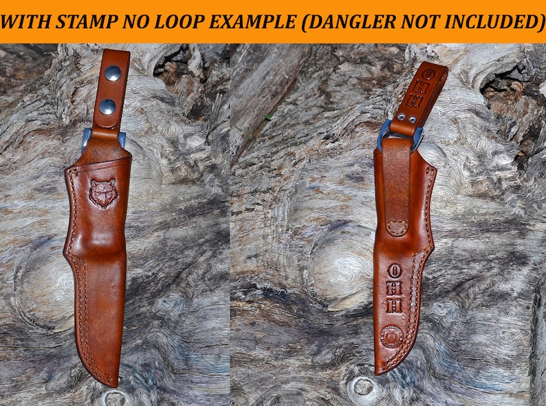 May include: Two brown leather knife sheaths. One sheath features a wolf head stamp, the other has the letters "OHH" stamped on it. The sheaths have a belt loop and are displayed against a wood grain background.