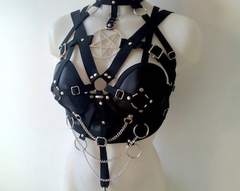 Vegan leather harness top with pentagram black XS-XXL