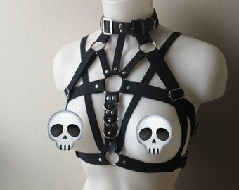 elastic harness with spikes black and white XS-XXXL