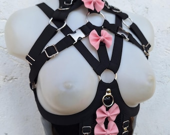 Handmade Kawaii PVC Harness with Bows, Adjustable Chest Strap