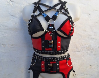Faux leather harness set with removable bra multicolor XS-XXXL