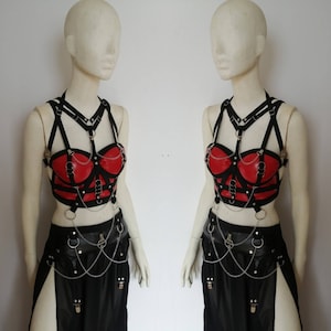 Red faux leather top and chain harness cropped corset elastic harness set maxi skirt gothic witchy style biker chick