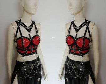 Red faux leather top + gothic maxi skirt black XS-XXL
