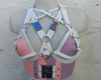 Pastel color faux leater harness white trim XS- XXXL