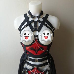 Bat inspired outfit red full body vampire style gothic harness witchy outfit printed bat skeleton halloween