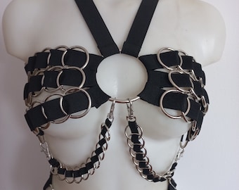 Ringed bra elastic harness top black and white XS-XXXL