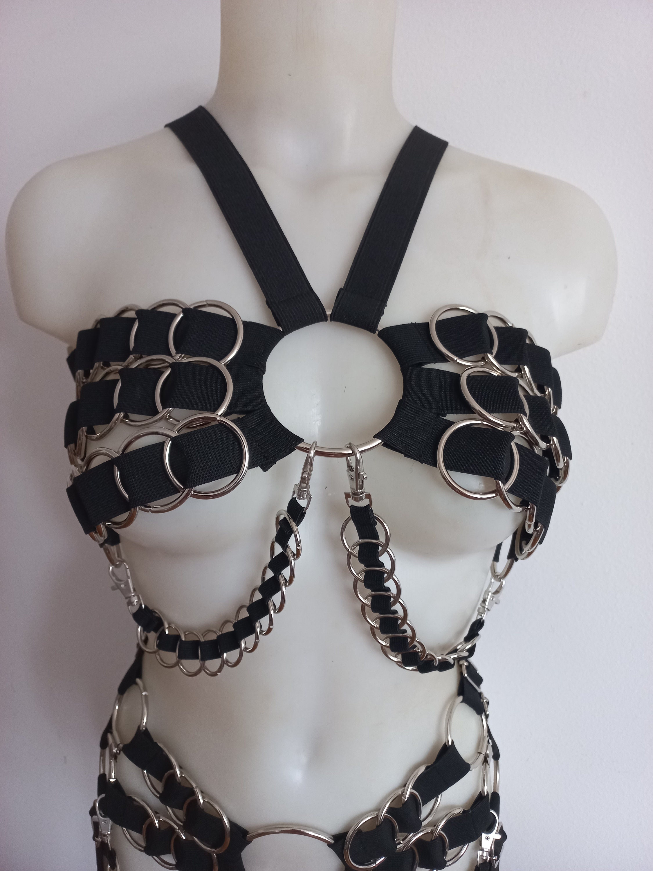Ringed bra elastic harness top black and white XS-XXXL