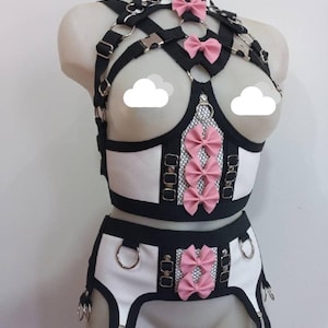 kawaii harness-two piece set lolita pastel goth  faux leather lingerie elastic harness set halloween