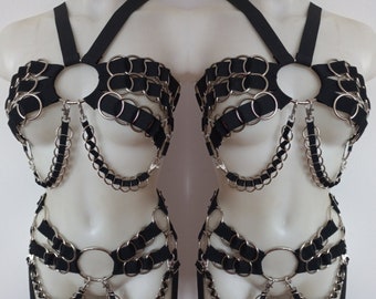 Ringed bra and garter belt set black and white XS-XXXL