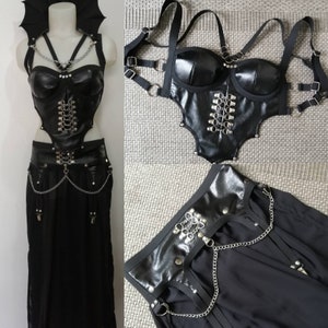 Traje de arnés de Vampiria, ropa gótica de bruja con murciélago, top de corsé de cuero sintético, falda de gasa negra, atuendo de escenario para Halloween.