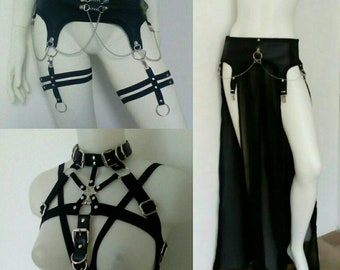 Three piece set (vegan leather garters with garter skirt and pentagram choker harness)