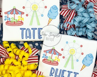 Boys Fair embroidered shirt, Fair trio shirt, Carousel, ferris wheel, cotton candy, personalized shirt