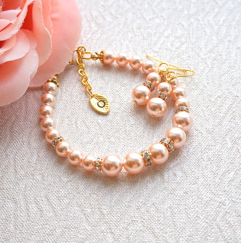 Peach Pearl Jewelry Set Bridesmaids Gifts Swarovski Pearl - Etsy