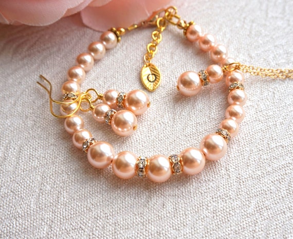 Peach Pearl Jewelry Set Bridesmaids Gifts Swarovski Pearl - Etsy