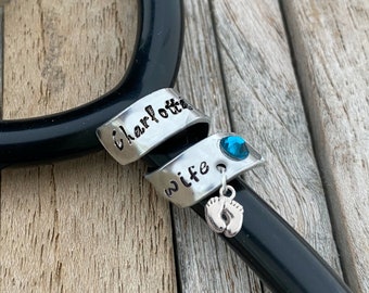 Midwife Stethoscope ID Name Tag with Birthstone Crystal, Babyfeet Charm, Stethoscope Charm for Nurse, Nurse Graduation Gift, obstetrician
