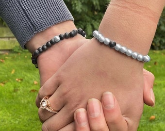 Distance Bracelets -Matching Beaded Bracelet set, Black And White Matching Pair, Long Distance, Best friends/relationships/couples, His/Hers