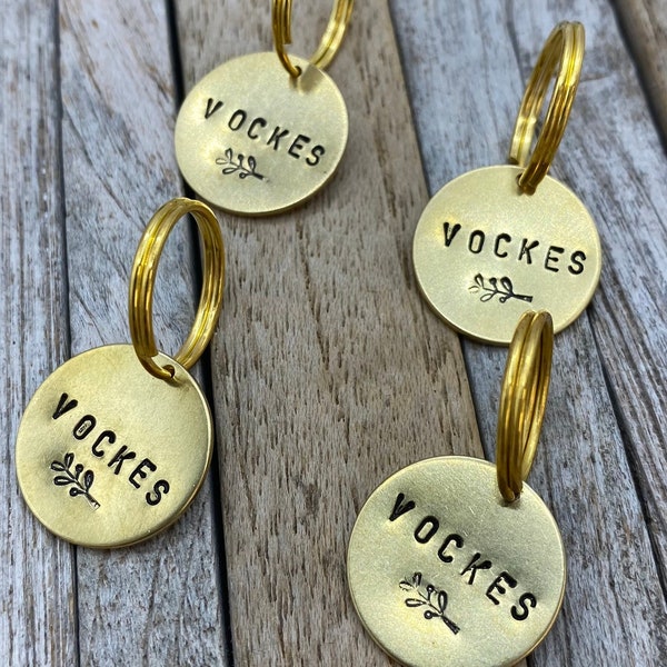 Custom handmade vintage retro novelty keychains, hand stamped hand punched copper brass aluminum labels, personalised round key fob keychain