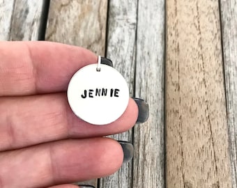 Name disc, Name pendant, Add a hand stamped name charm, Personalized charm, Custom silver name tag, Add on, Name disc jewelry, Kids name