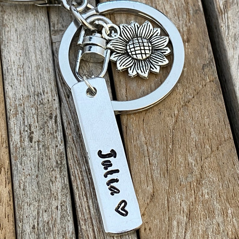 Personalized Name Key Chain With Sunflower Charm Name Bar Key Etsy