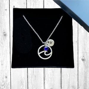 Ocean Wave Beach necklace, Choose your birthstone and Letter charm, ocean necklace, wave necklace, beach wedding, ocean wave, ocean jewelry