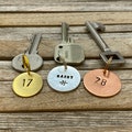 Personalized Hand stamped hotel Keychain, custom metal tag for cabin boat garage shed, extra keyring with text and numbers, Engraved Retro product logo