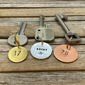 Personalized Hand stamped hotel Keychain, custom metal tag for cabin boat garage shed, extra keyring with text and numbers, Engraved Retro