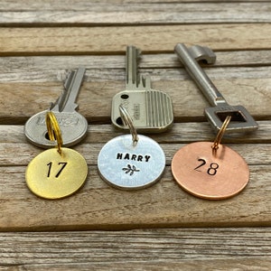 Personalized Hand stamped hotel Keychain, custom metal tag for cabin boat garage shed, extra keyring with text and numbers, Engraved Retro