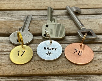 Personalized Hand stamped hotel Keychain, custom metal tag for cabin boat garage shed, extra keyring with text and numbers, Engraved Retro