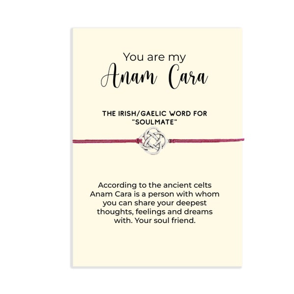 Anam Cara Soulmate Friendship Bracelet Gift, keepsake message quote card, Celtic Knot Bracelet for best friend, Friendship gift