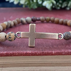 Brauner Jaspis Stretch Perlen Armband mit Bronze Kreuz für Männer, Energie Schutz Stärke Armband, Natursteine Heilkristall Armband