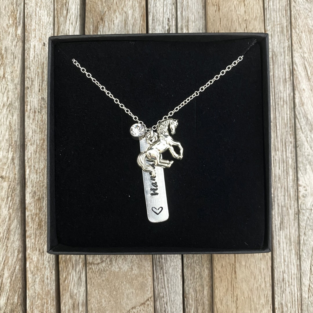 Horse Necklace Name Necklace With Horse Charm and Birthstone Charm