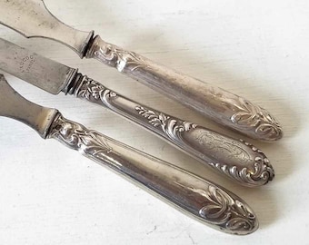 3 Assorted Antique French Silver Knives-Couteau,Dining-Serving,Antique Cutlery,Table Setting