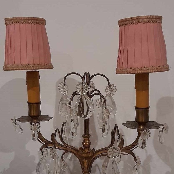 2 Vintage French Ruffled-Pleated Pink & Gold Fabric Clip On Lamp-Light Shades,Boudoir Shade,Chandelier Shades,Clip on Bulb Shade,Shabby Chic