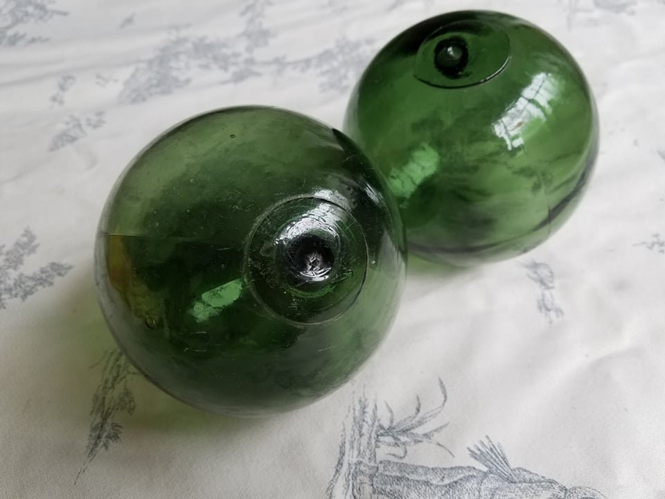 2 Flotteurs de Pêche en Verre Vert Vintage Français, Pêcheurs, Flotteur Filet Verre, Boule Sorcières