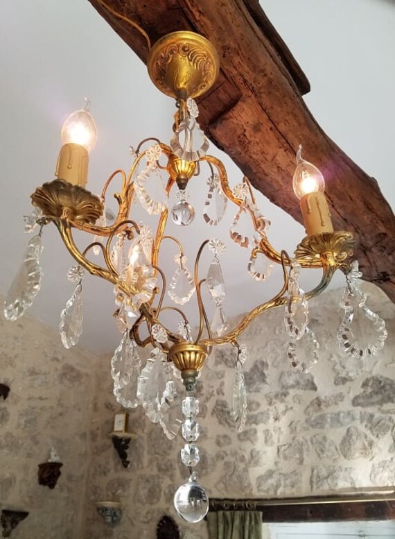 Superbe Lustre Vintage Français Clear Crystal Droplet, Éclairage Suspendu de Plafond à Triple Branch