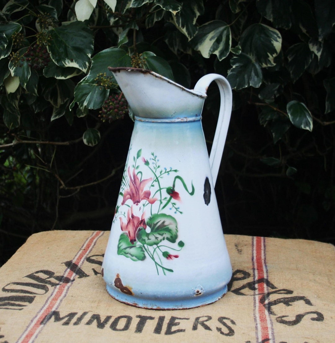 Large Antique French Enamelled Cyclamen Pitcher-jug Lavabo,shabby Chic ...